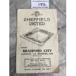 39/40 Sheffield United v Bradford City Football Programme: Dated 11 11 1939. Tape and cigarette burn