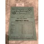 38/39 West Ham v Sheffield United Football Programme: Second Division match in good condition with