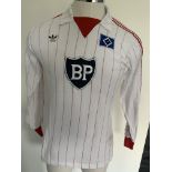 Felix Magath Hamburg 84/85 UEFA Cup Match Worn Football Shirt: White with red pin stripes and