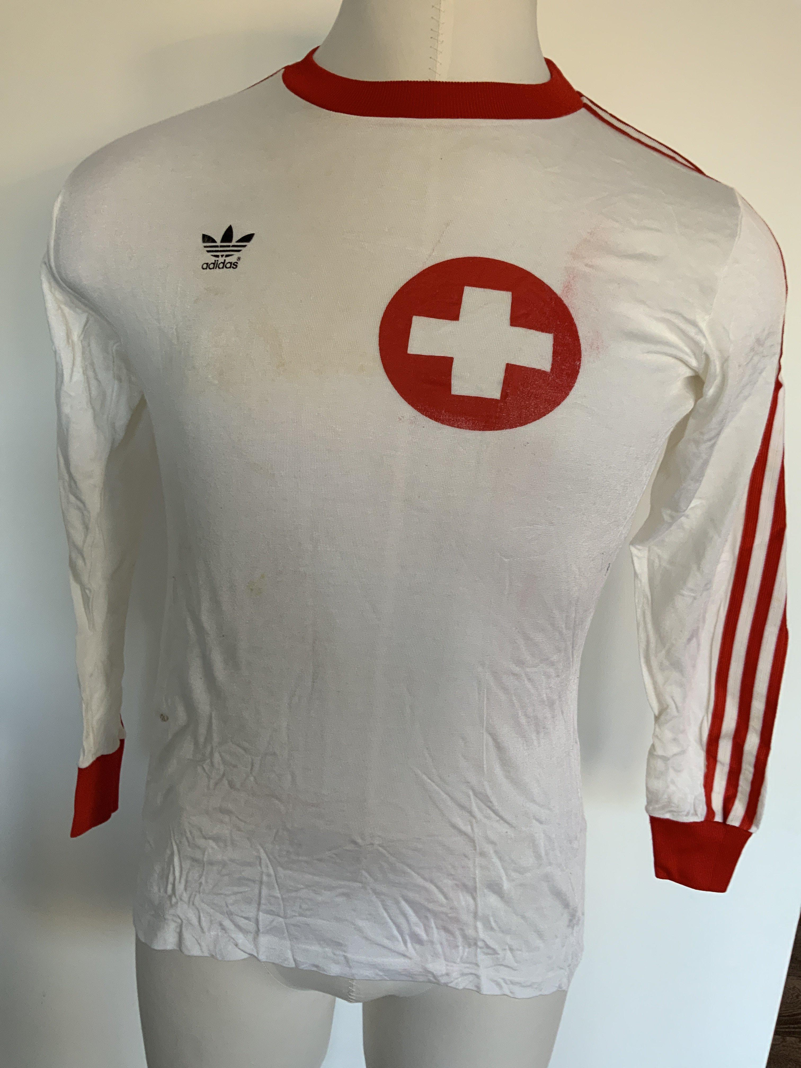 1975 Kurt Muller Switzerland Match Worn Football Shirt: White Adidas long sleeve shirt with red trim
