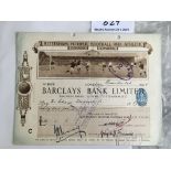 Tottenham 1925 Football Cheque: Decorative cheque with match action at White Hart Lane. Signed by