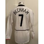 Beckham Manchester United Champions League Match Issued Football Shirt: White number 7 long