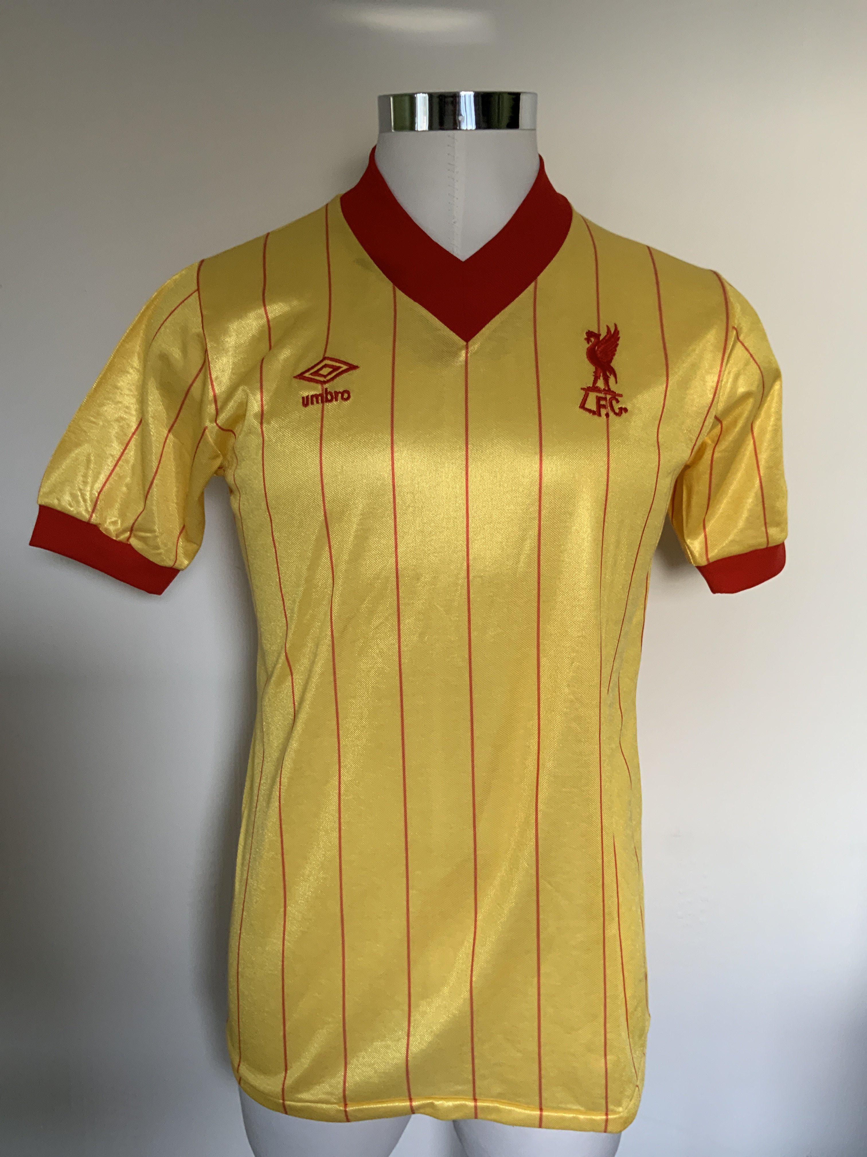 Liverpool 81/82 Match Issued European Football Shirt: Short sleeve yellow shirt with red pin stripes