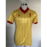 Liverpool 81/82 Match Issued European Football Shirt: Short sleeve yellow shirt with red pin stripes