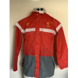 Liverpool 82/83 Player Issue Rain Jacket: Mint condition medium Umbro red rain jacket with grey at