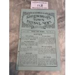 1924/25 Shrewsbury Town v Worcester Football Programme: Birmingham League 8 pager in very good