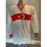 1974 Turkey Match Worn Football Shirt: White long sleeve with red trim including stripe to middle