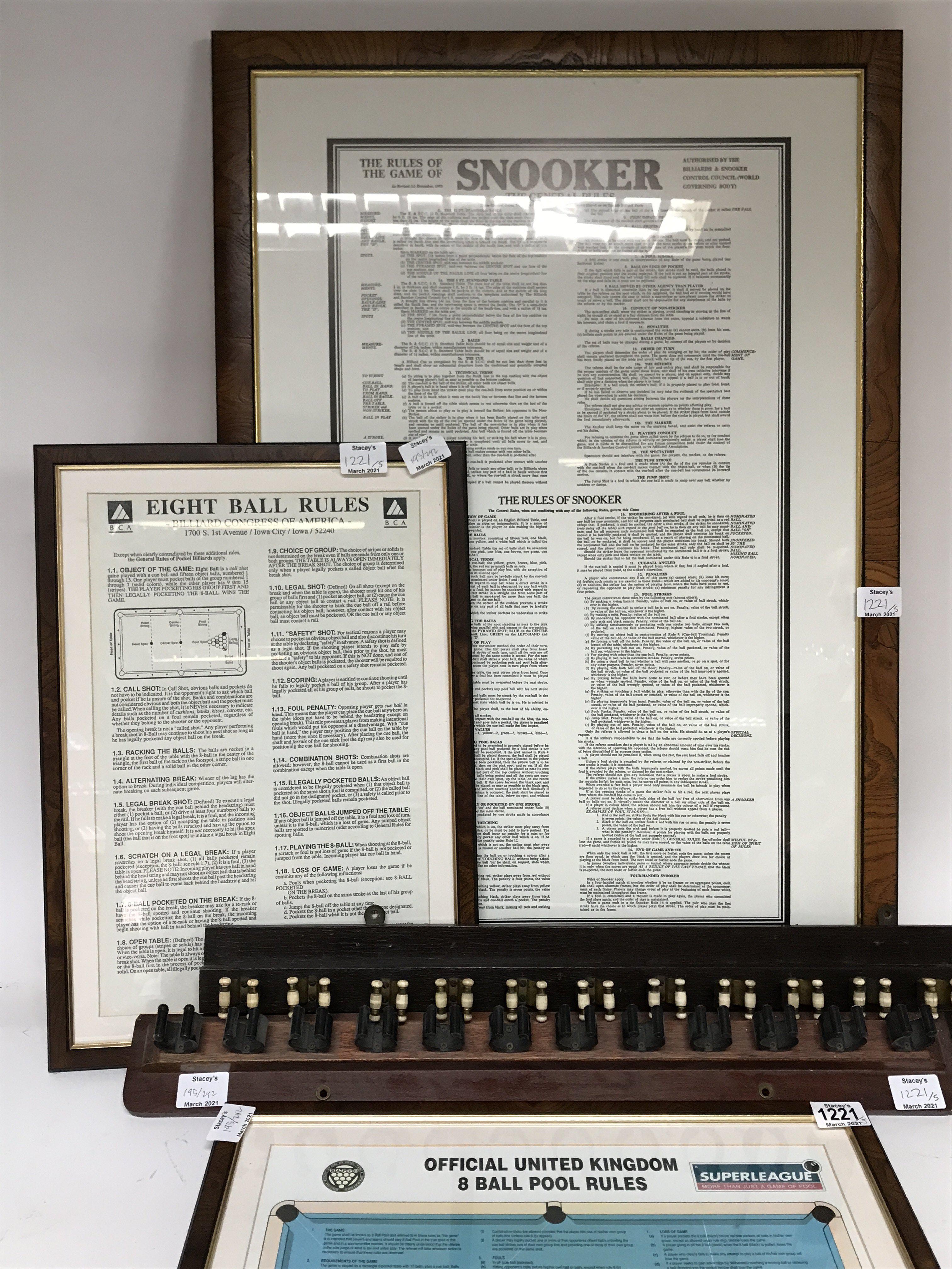 Snooker related items including three framed Snooker Rules and two Snooker cue holders