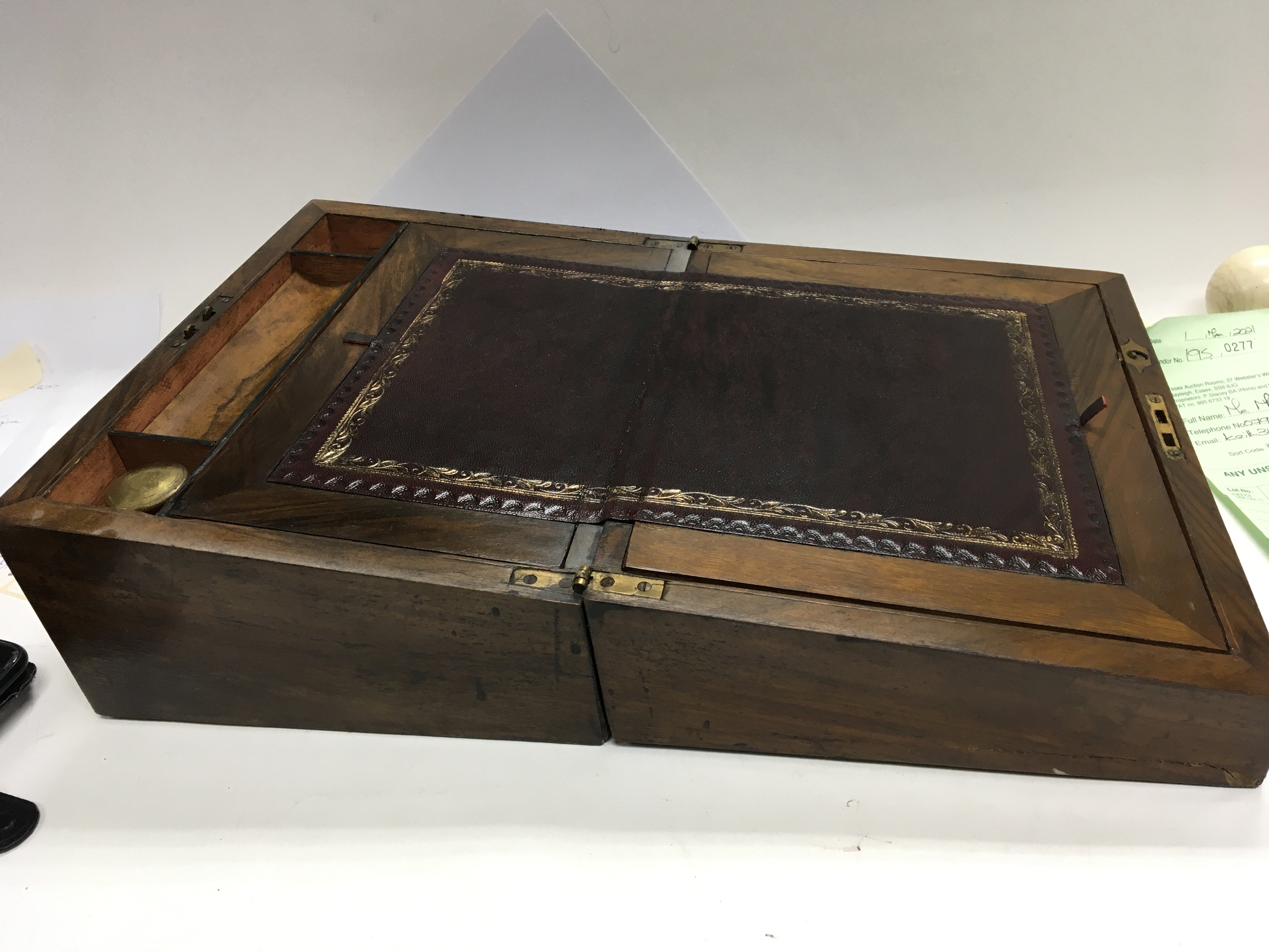 A walnut and Tunbridge ware type writing box with - Image 2 of 2