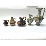 5 German vases and jugs. 2 of these are numbered 311/4 Ruscha handgemalt.