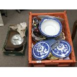 A box containing decorative ceramics blue and Ahme