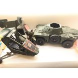 A toy solider motorbike and side car, a Armoured car, and parts of a Action man Pursuit Craft - NO