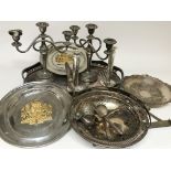 A collection of various silver plated items including large tray, two pairs of candlesticks and