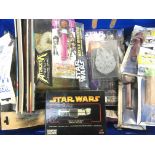 Star Wars box containing boxed Battle Master figure, pen containers mini light sabre, Star fleet