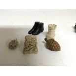 A ivory pendant of floral design together with a canton card case , thimble case , chess piece and