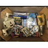 A box of various die cast vehicles, a boxed Hornby