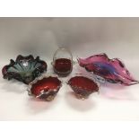 Five Murano glass vases.