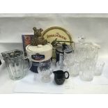 A selection of drinking related items including glassware, Wade pig, Carnival glass bowl.