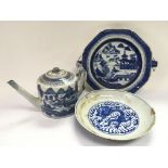 Three blue and white china items comprising a teap