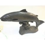 A Cold Cast Bronze Large Leaping Salmon. Signed B.