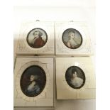 Four framed miniature portraits of ladies and a ge
