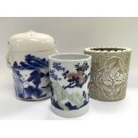 A blue and white lidded pot, some damage, a vase d