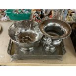 A large silver plated gallery tray, silver plated punch bowl and ladel, and silver plated ice