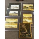 A collection of six framed paintings and drawings depicting countryside scenes, as pictured. Some