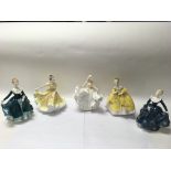 A collection of five Royal Doulton figures of ladi