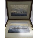 A pair of framed Victorian watercolours of ships at sea, signed A Ogden, approx 35cm x 28cm.