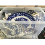 A box of mainly blue and white ceramics including