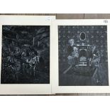 Two charcoal on board pictures by Heron depicting coal mining scenes. 41cm x 34cm approx not