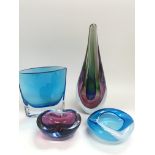 Four 1960s coloured glass items.