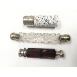 Two double ended perfume bottles and a milk glass