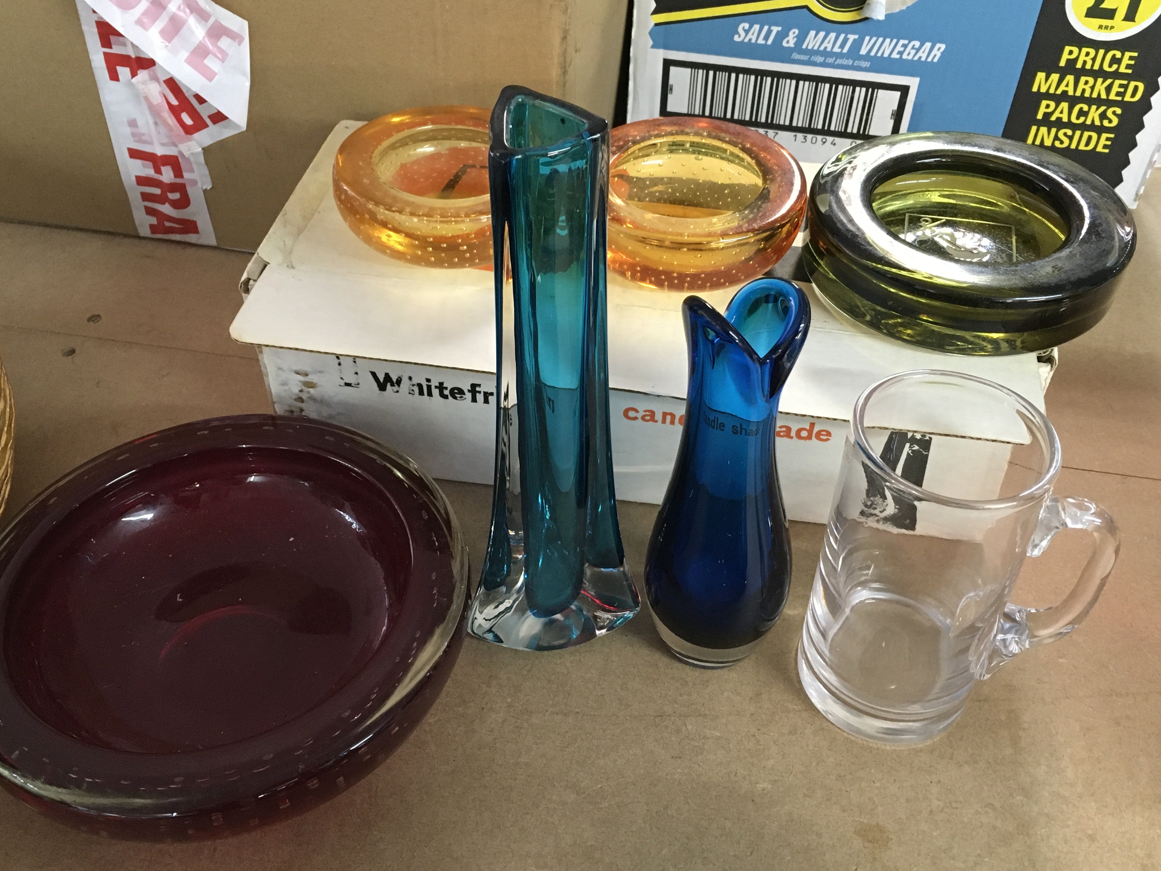 Seven whitefriars glass items including a candle s