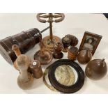 A collection of treen items to include a hat pin s