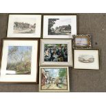 A collection of framed pictures and paintings, som