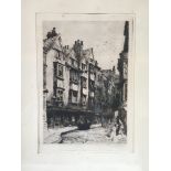 A framed drypoint of a Victorian street scene, approx 44cm x 55cm.