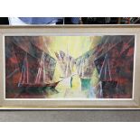 A framed modern oil painting of abstract coloured