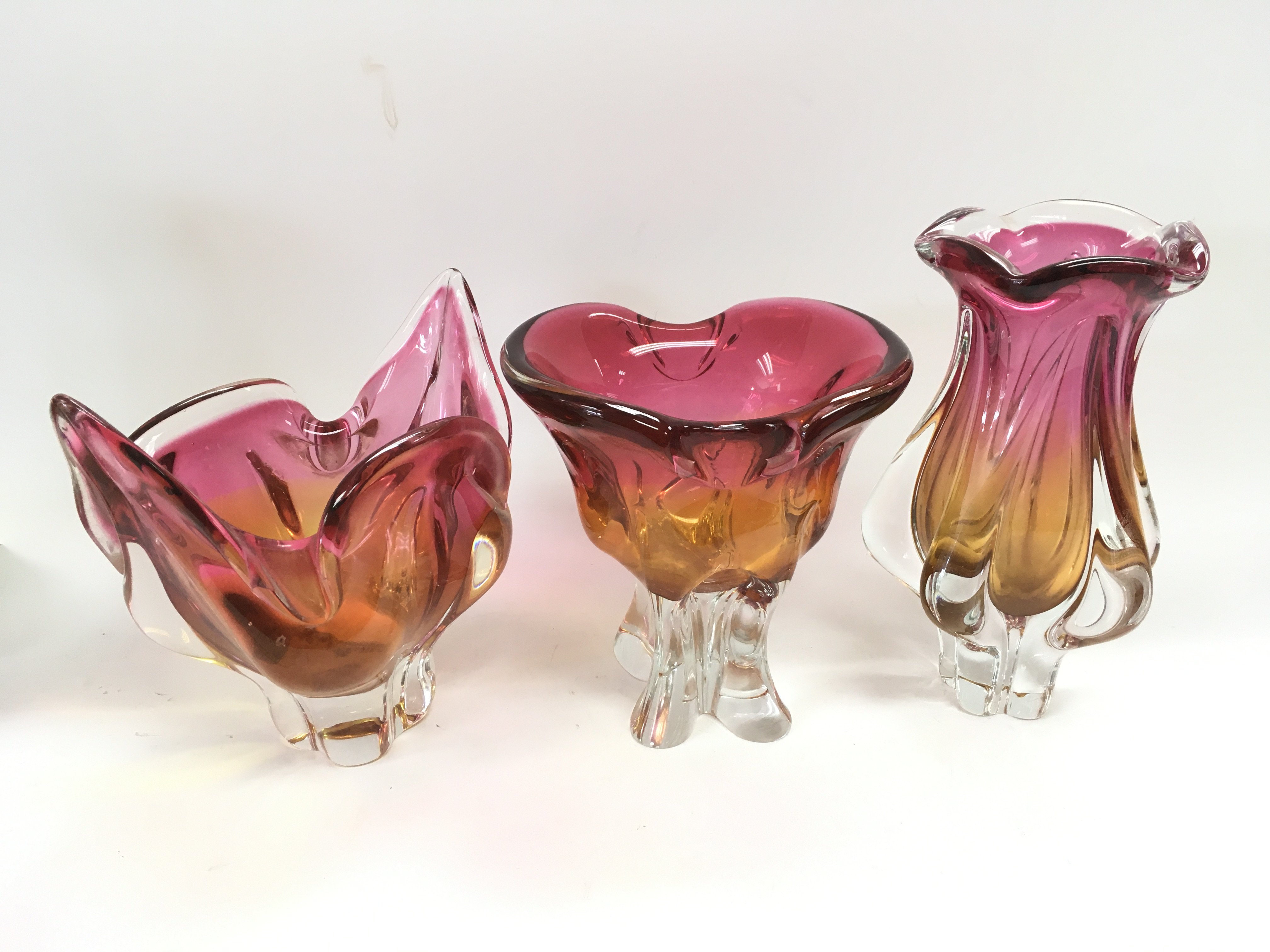 Three Czechoslovakian glass vases, various shapes