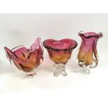 Three Czechoslovakian glass vases, various shapes