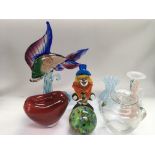 A Murano glass fish, Murano clown and other coloured glassware, a/f.