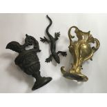A Victorian bronze lizard, small ewer and a gilt v