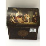 An antique letter Tin, containing small oddments inside including ivory, small silver items and