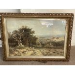 A large Victorian gilt framed print of a farming/