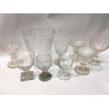 A Lalique style glass vase 19th Century rummers and etched glasses (a lot)