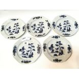 A set of five 18th century Chinese export porcelain blue and white plated of octagonal shape with