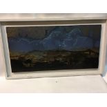 A framed abstract oil painting on board attributed to Denis Bowmen entitled Blue Clouds and dated