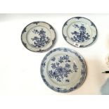Three 18th century Chinese export porcelain blue and white plated a pair decorated with exotic birds