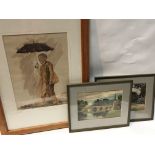 A framed watercolour study of a monk signed B Mone and two English watercolour one double sided. (